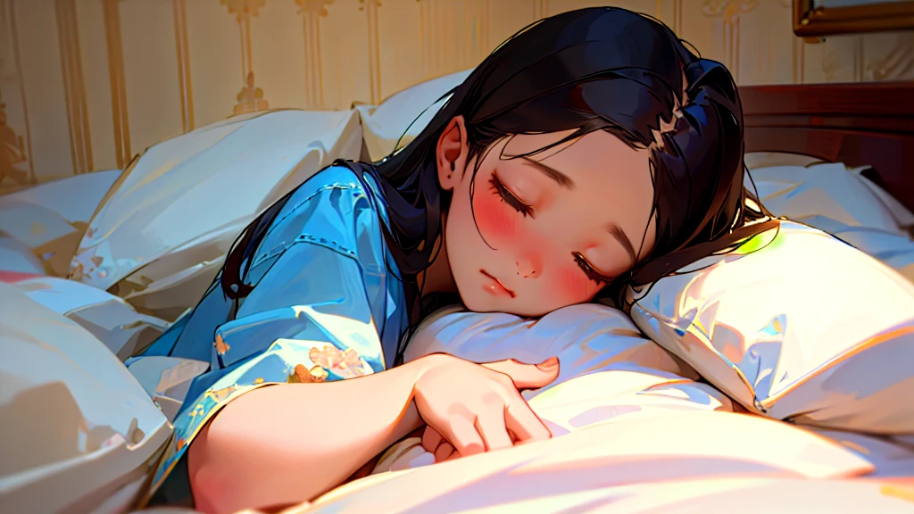 (Highest quality, masterpiece, Ultra-realistic), Beautiful and delicate１５Year-old girl portrait,, The background is the bedroom at home.。Sleeping with a calm expression。It&#39;s dark in the room、The bed lamp is on。