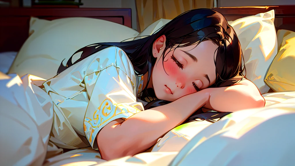 (Highest quality, masterpiece, Ultra-realistic), Beautiful and delicate15Year-old girl portrait,, The background is the bedroom at home.。Sleeping with a calm expression。It's dark in the room、The bed lamp is on。