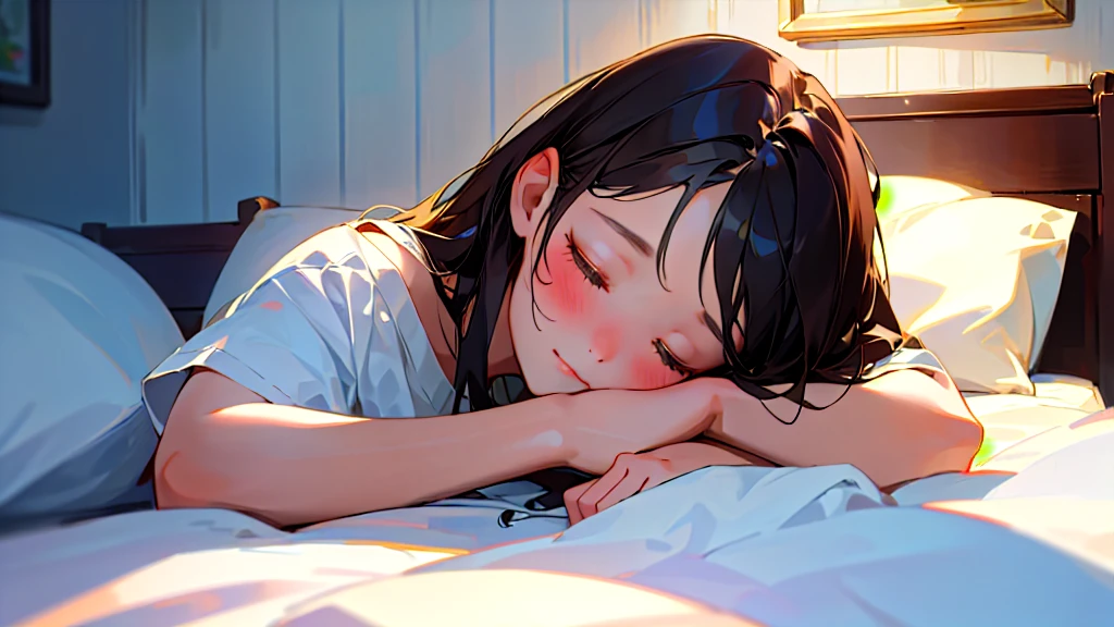 (Highest quality, masterpiece, Ultra-realistic), Beautiful and delicate１５Year-old girl portrait,, The background is the bedroom at home.。Sleeping with a calm expression。It&#39;s dark in the room、The bed lamp is on。