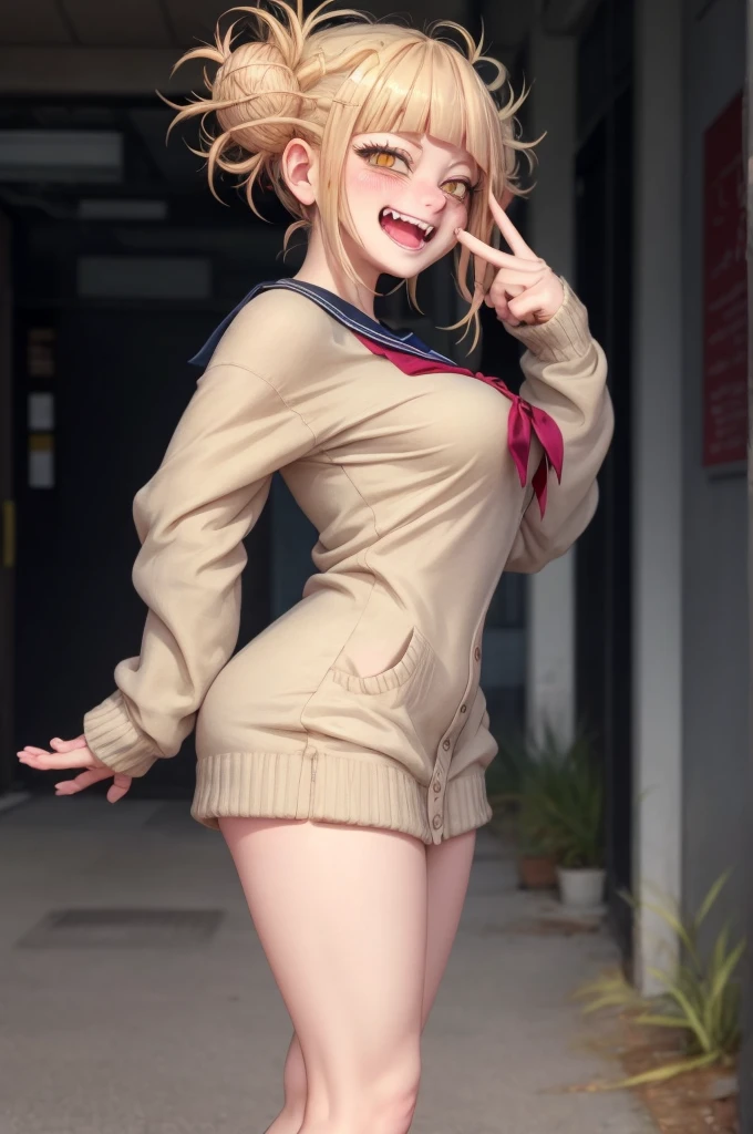 toga himiko nude  with blonde hair and blue and white sailor outfit, with index finger, ig   ;open mouth, gapmoe yandere, shikamimi, yandere, anime moe artstyle, she has a cute expressive face, anime waifu, [[[[grinning evily]]]], cute anime face, anime visual of a cute girl
