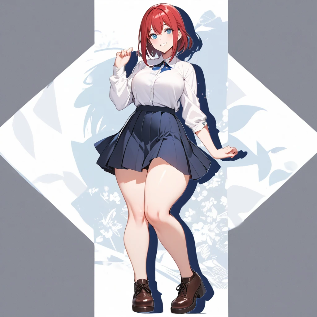 Young, smiling girl in her skirt, your short red hair and your blue eyes, full body and with large thighs