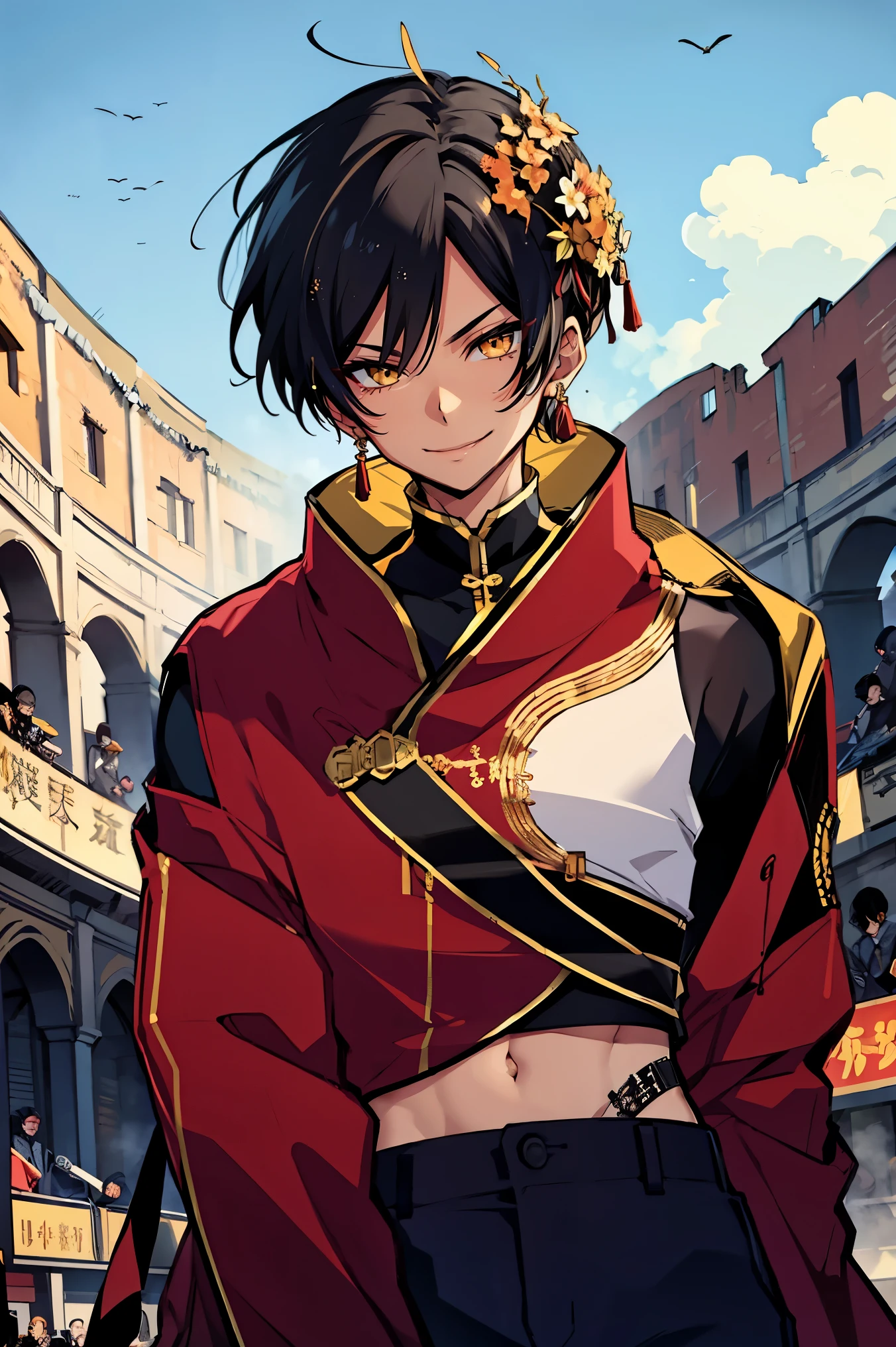 (masterpiece, best quality:1.2), hui xiyi,1boy, black hair, face, facial mark, forehead, bangs, looking at viewer, short hair, solo, tattoo, upper body, yellow eyes, rekkyo sensen, chinese clothes, black clothes, red jacket, silver choker, navel, pants, black pants, background((shanghai, sky, blue sky, colosseum, stage, flower, castle))