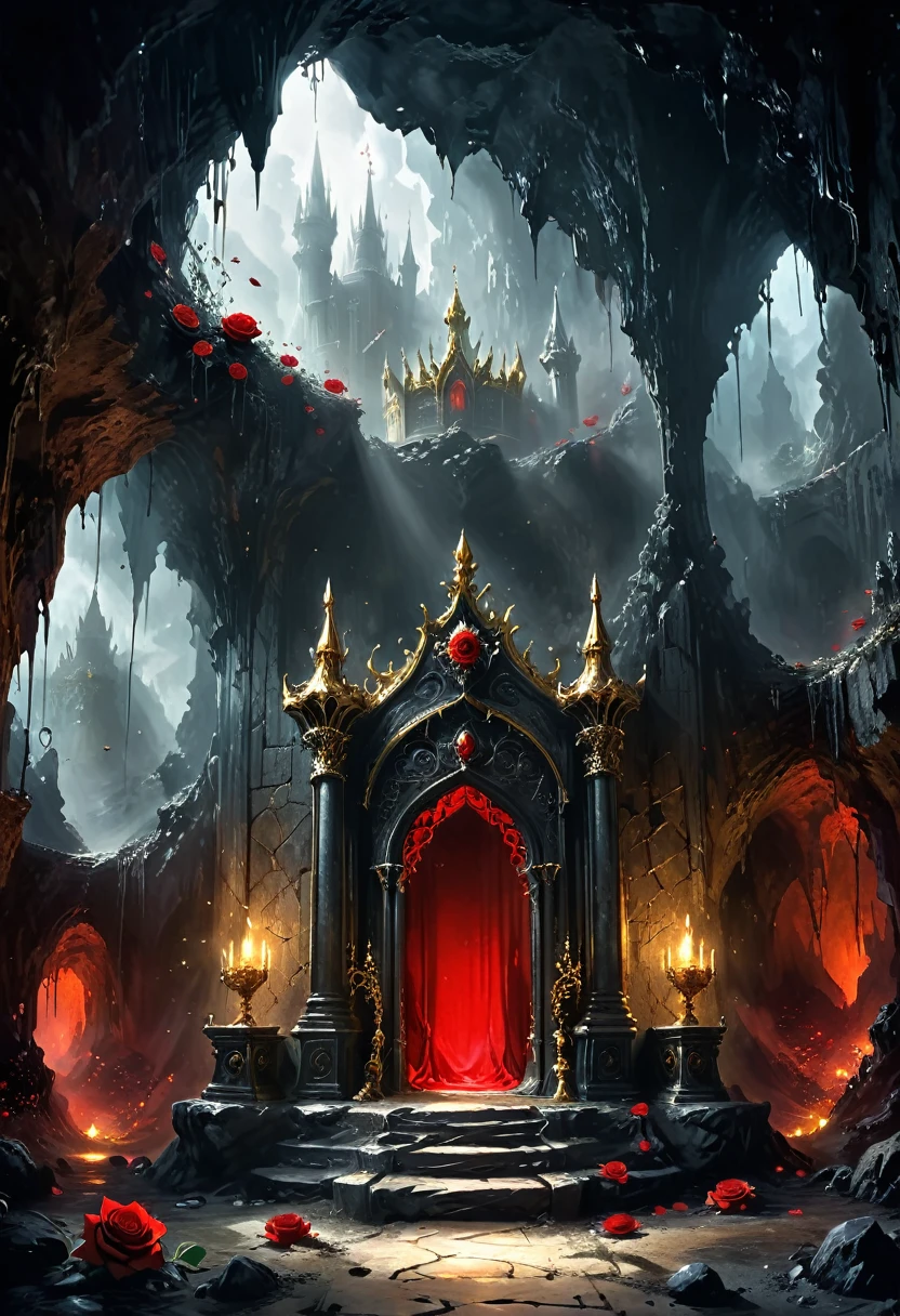 Cave,Underground Kingdom,Gothic style:High,(((throne:1.37,gem,gold))),Red rose,Dust,Majestic