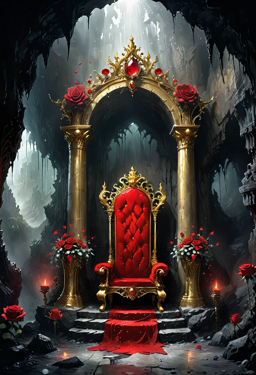 Cave,Underground Kingdom,Gothic style:High,(((throne:1.37,gem,gold))),Red rose,Dust,Majestic