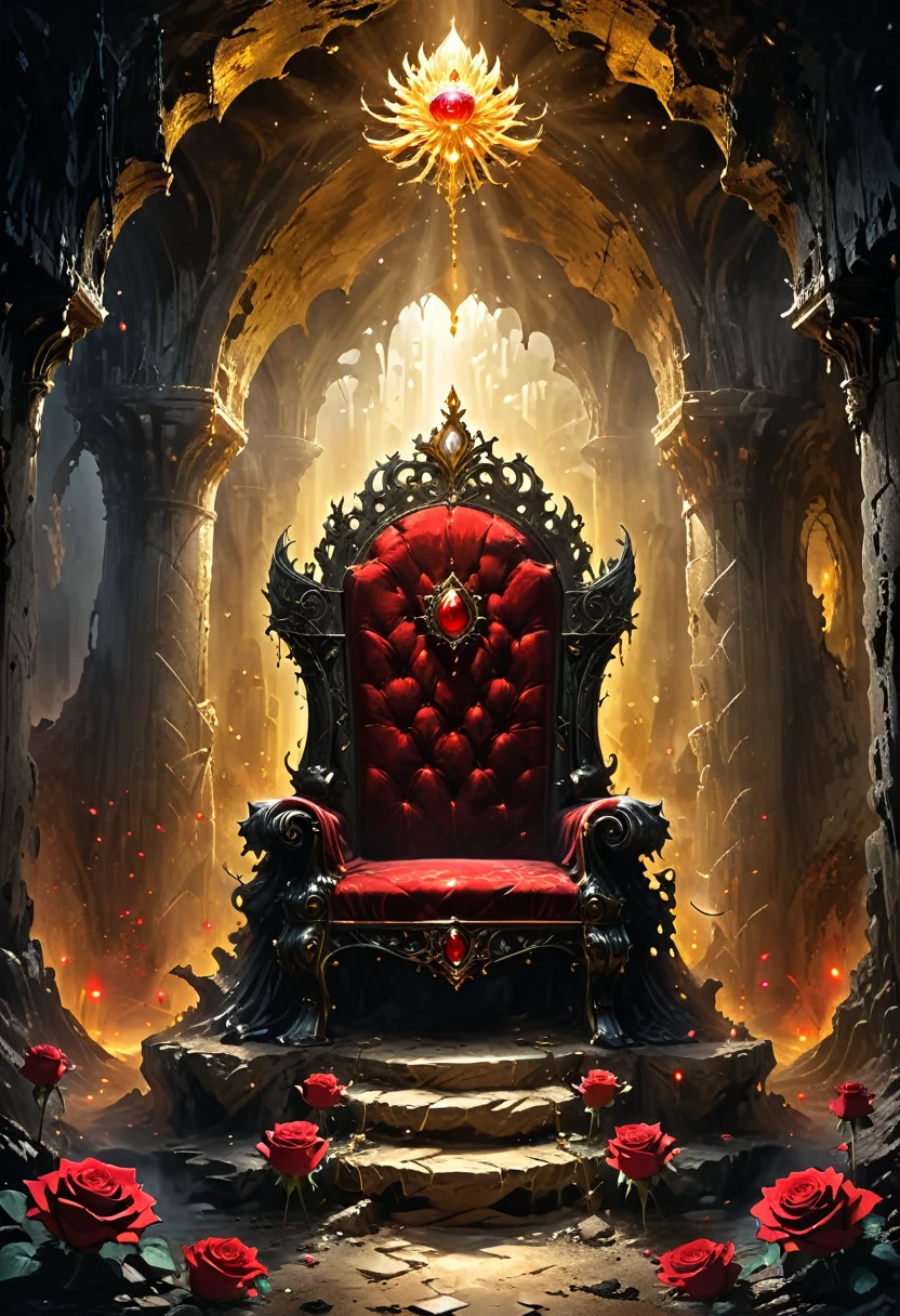 Cave,Underground Kingdom,Gothic style:High,(((throne:1.37,gem,gold))),Red rose,Dust,Majestic
