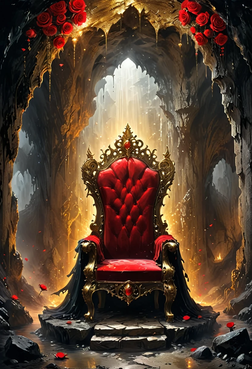 Cave，Underground Kingdom，Gothic style：High，(((throne：1.37，gem，gold)))，Red rose，Dust，Majestic