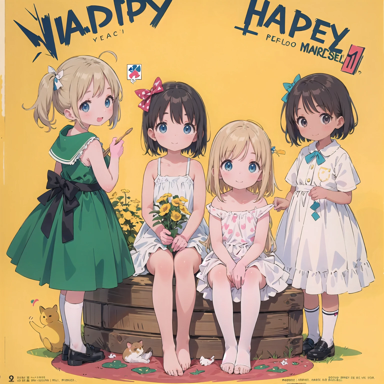 finely detailed illustration, best quality, masterpiece, vibrant color,8-year-old、pretty girl、Nude paintings、Happy smile、Beautiful background, Four Girls