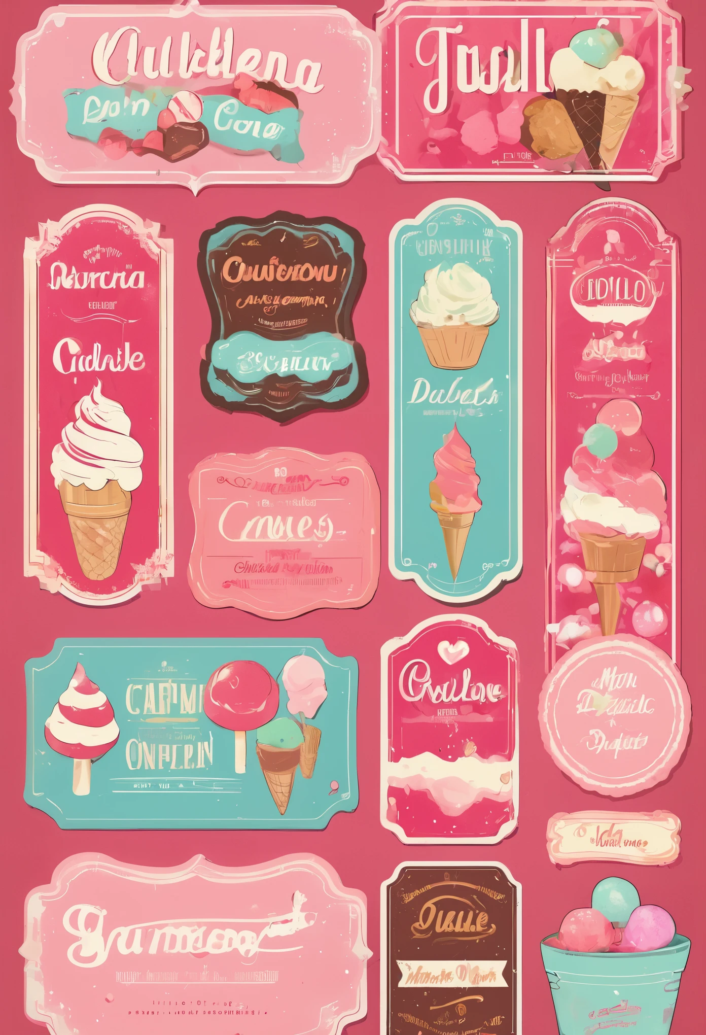 Multiple aligned vintage labels,cute,ice cream,Candy Label,Pink Girly
