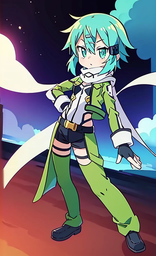 masterpiece,Highest quality,1 Girl,alone,Pokémon-like art style,(bold:1.6),(flat:1.5), SINON, SCARF, FINGERLESS GLOVES, LONG SLEEVES, SHORT SHORTS, hair ornament, HAIRCLIP, GREEN THIGHHIGHS, GREEN JACKET, THIGH STRAP, Thigh to head, li, Beach