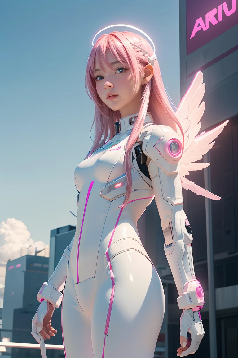 ((masterpiece, best quality, extremely detailed), volumetric lighting, ambient occlusion, colorful, glowing), 
1girl, solo, young girl, (pink hair), long hair, halo, aura, sacred, godness, cyber suit, (white outfit:1.3), android, bot, angel wings,
outdoors, sunset, sky, clouds, space, (cyberpunk theme:1.2),