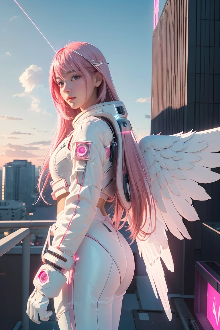 ((masterpiece, best quality, extremely detailed), volumetric lighting, ambient occlusion, colorful, glowing), 
1girl, solo, young girl, (pink hair), long hair, halo, aura, sacred, godness, cyber suit, (white outfit:1.3), android, bot, angel wings,
outdoors, sunset, sky, clouds, space, (cyberpunk theme:1.2),