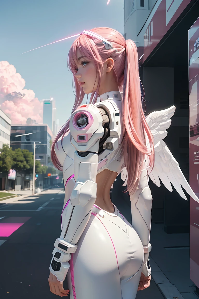 ((masterpiece, best quality, extremely detailed), volumetric lighting, ambient occlusion, colorful, glowing), 
1girl, solo, young girl, (pink hair), long hair, halo, aura, sacred, godness, cyber suit, (white outfit:1.3), android, bot, angel wings,
outdoors, sunset, sky, clouds, space, (cyberpunk theme:1.2),