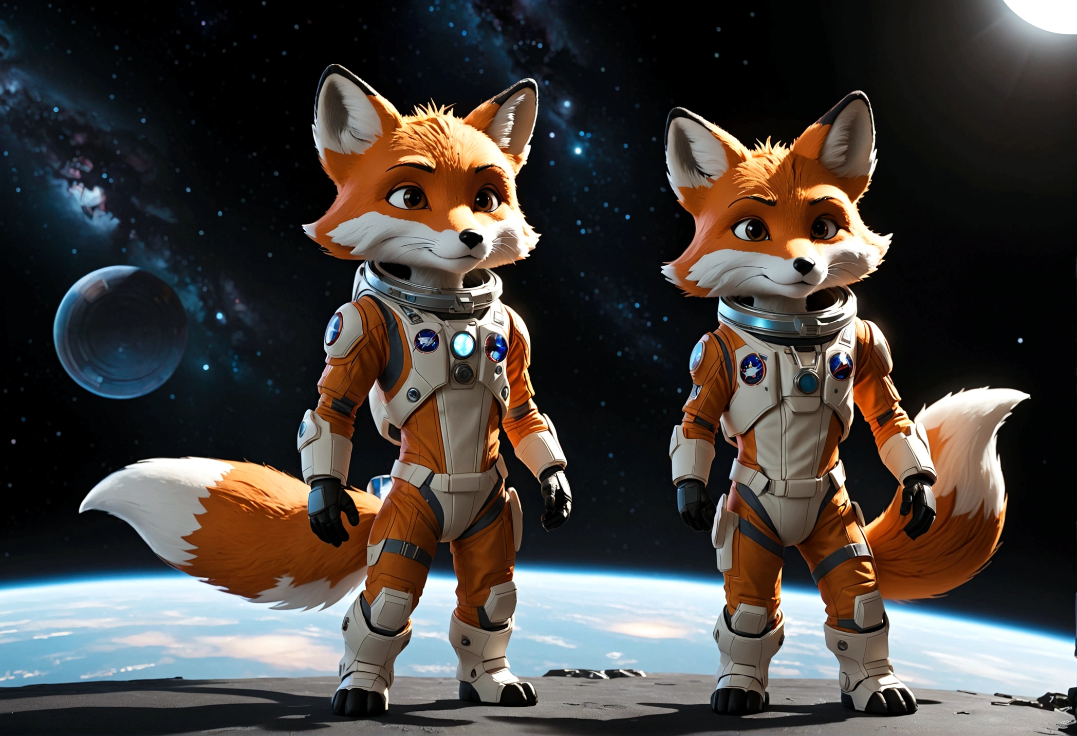 two humanoid foxes, Astronaut outfit, full body, light and shadow, stand facing each other, The Avengers style