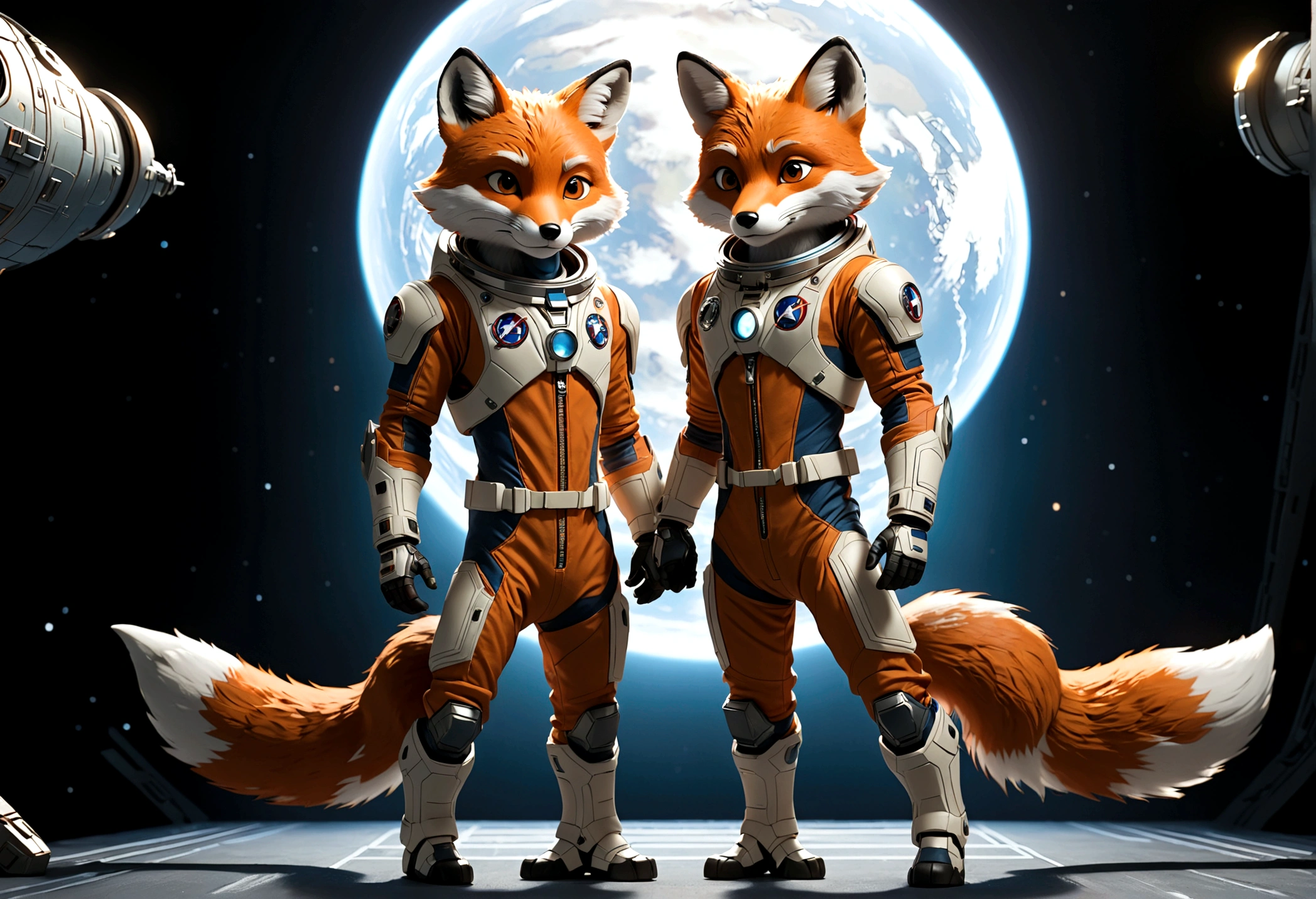 two humanoid foxes, Astronaut outfit, full body, light and shadow, stand facing each other, The Avengers style