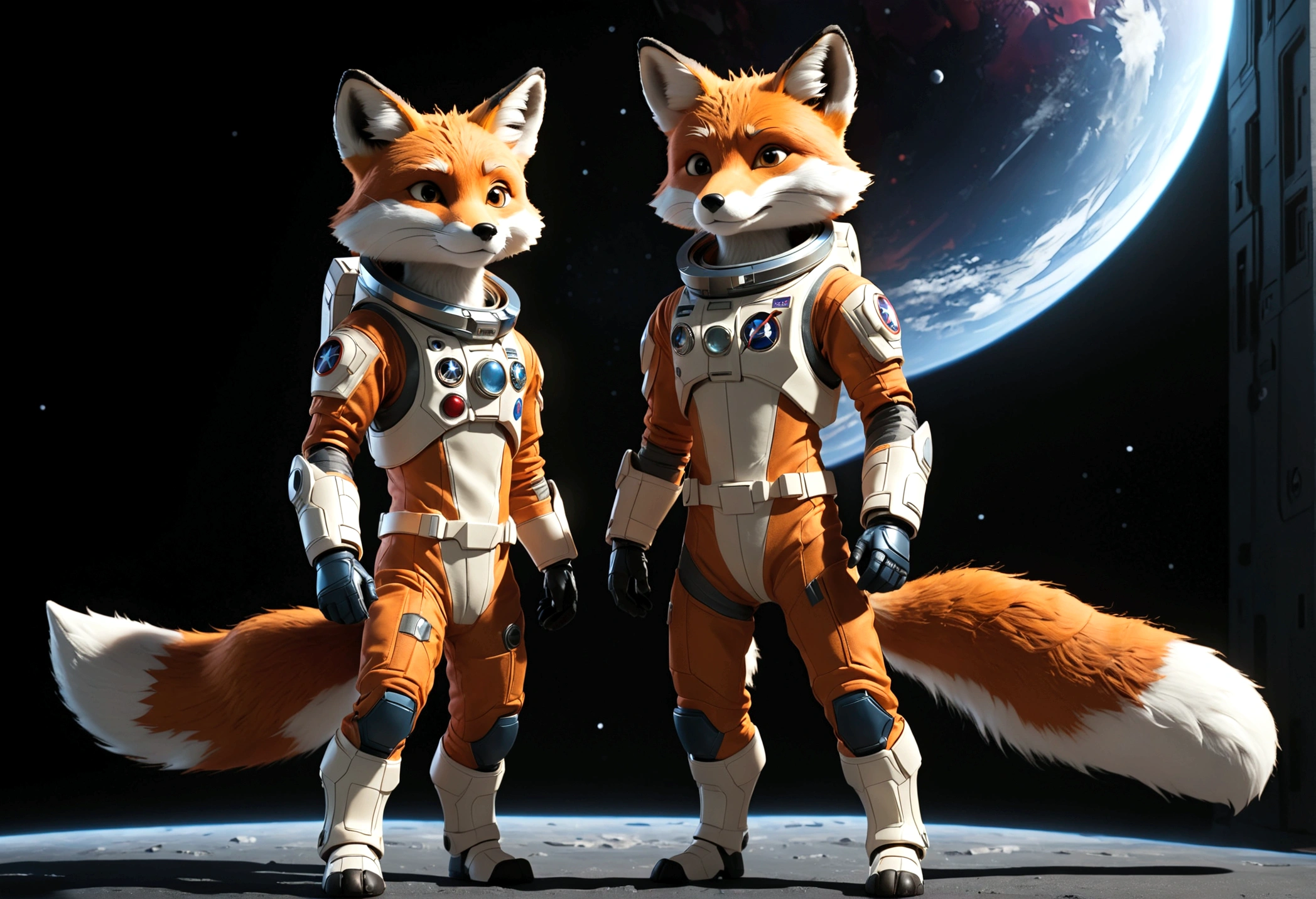 two humanoid foxes, Astronaut outfit, full body, light and shadow, stand facing each other, The Avengers style