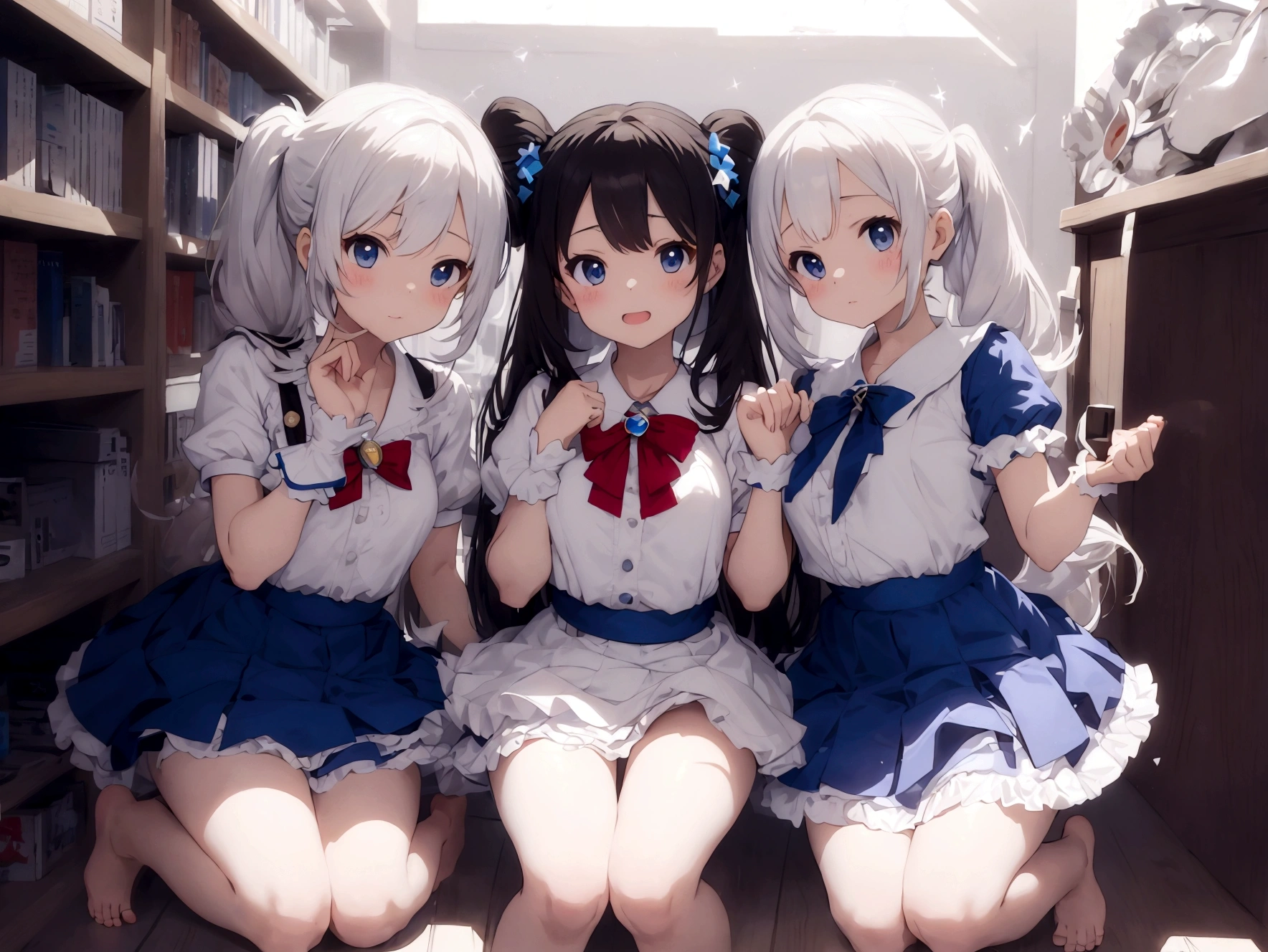 Plain white with emphasis on the chestＴshirt、Ultramarine and white striped mini skirt、Turn up the skirt with both hands、She lifts her skirt with both hands to reveal her cute white frilly underwear..、barefoot、library、Three girls of different heights Magical girl with a magic wand