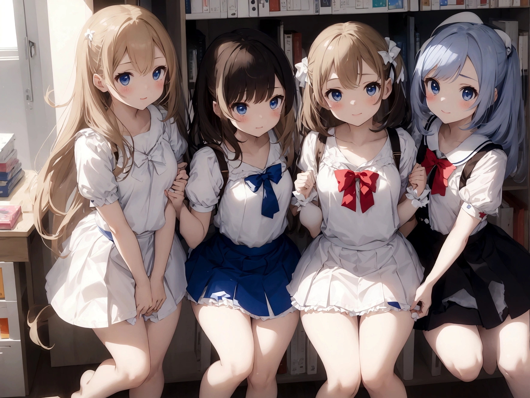 Plain white with emphasis on the chestＴshirt、Ultramarine and white striped mini skirt、Turn up the skirt with both hands、She lifts her skirt with both hands to reveal her cute white frilly underwear..、barefoot、library、Three girls of different heights Magical girl with a magic wand