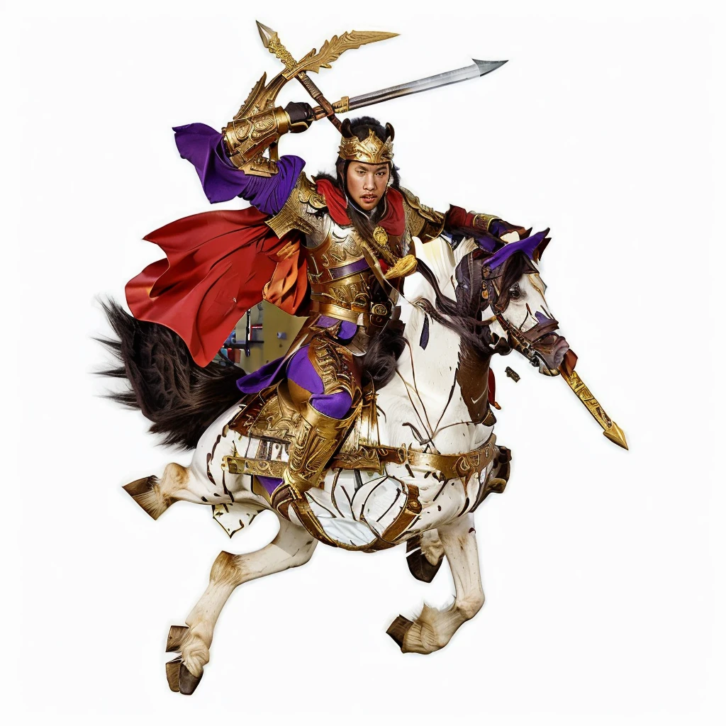 an ancient chinese young warrior, wearing gold color armour, warrior riding a horse, holding a word and a spear, red cape, purple robe,horse head facing another direction