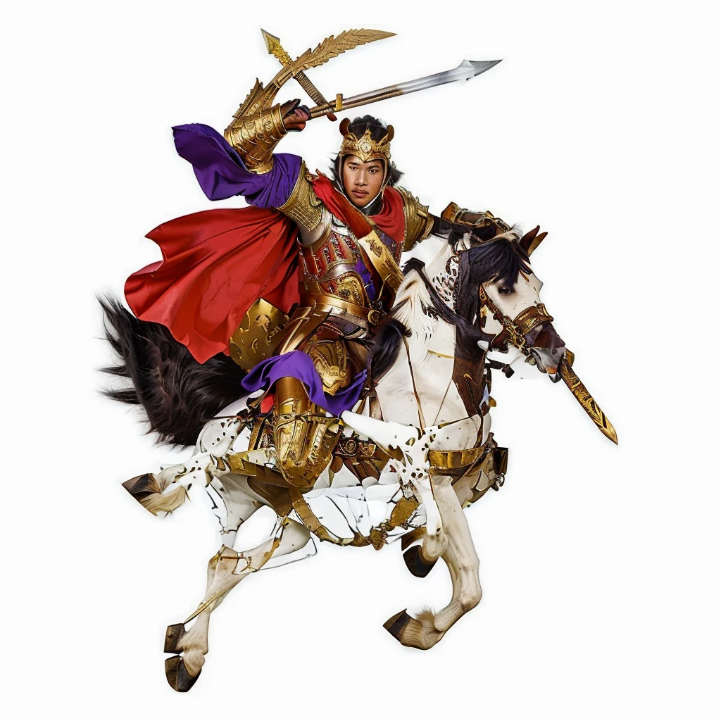 an ancient chinese young warrior, wearing gold color armour, warrior riding a horse, holding a word and a spear, red cape, purple robe,horse head facing another direction