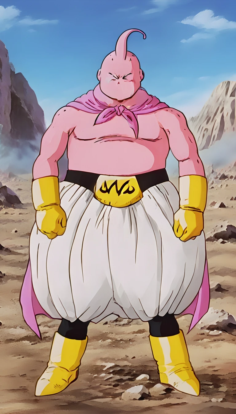 solo, majin buu,short, (musclar:2),(angry:2),fighting,in wasteland,destroyed rock,(soft shading), 4k, hi res, ((detailed face, (detailed eyes:1.0), detailed)), (full body), looking at viewer, 1boy, upper body, male focus,white_pants,nude,(topless:1.5),( shirtless:2.5),torn clothes,bare pectorals, fighting stance,