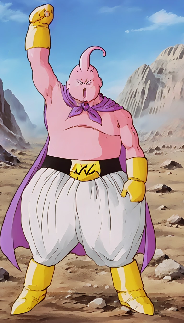 solo, majin buu,short, (musclar:2),(angry:2),fighting,in wasteland,destroyed rock,(soft shading), 4k, hi res, ((detailed face, (detailed eyes:1.0), detailed)), (full body), looking at viewer, 1boy, upper body, male focus,white_pants,nude,(topless:1.5),( shirtless:2.5),torn clothes,bare pectorals, fighting stance,
