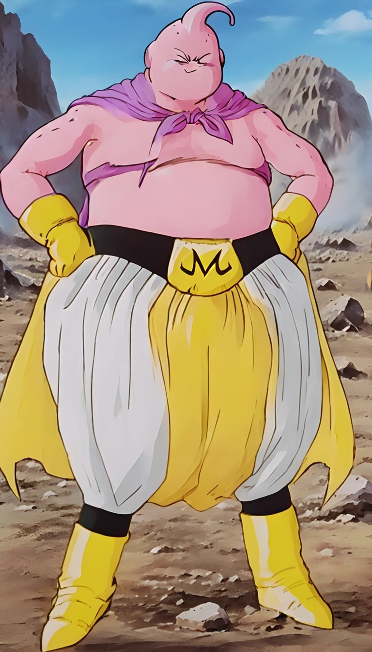 solo, majin buu,short, (musclar:2),(angry:2),fighting,in wasteland,destroyed rock,(soft shading), 4k, hi res, ((detailed face, (detailed eyes:1.0), detailed)), (full body), looking at viewer, 1boy, upper body, male focus,white_pants,nude,(topless:1.5),( shirtless:2.5),torn clothes,bare pectorals, fighting stance,