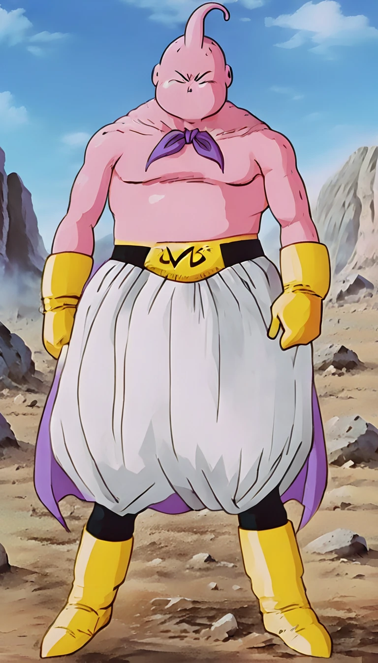 solo, majin buu,short, (musclar:2),(angry:2),fighting,in wasteland,destroyed rock,(soft shading), 4k, hi res, ((detailed face, (detailed eyes:1.0), detailed)), (full body), looking at viewer, 1boy, upper body, male focus,white_pants,nude,(topless:1.5),( shirtless:2.5),torn clothes,bare pectorals, fighting stance,