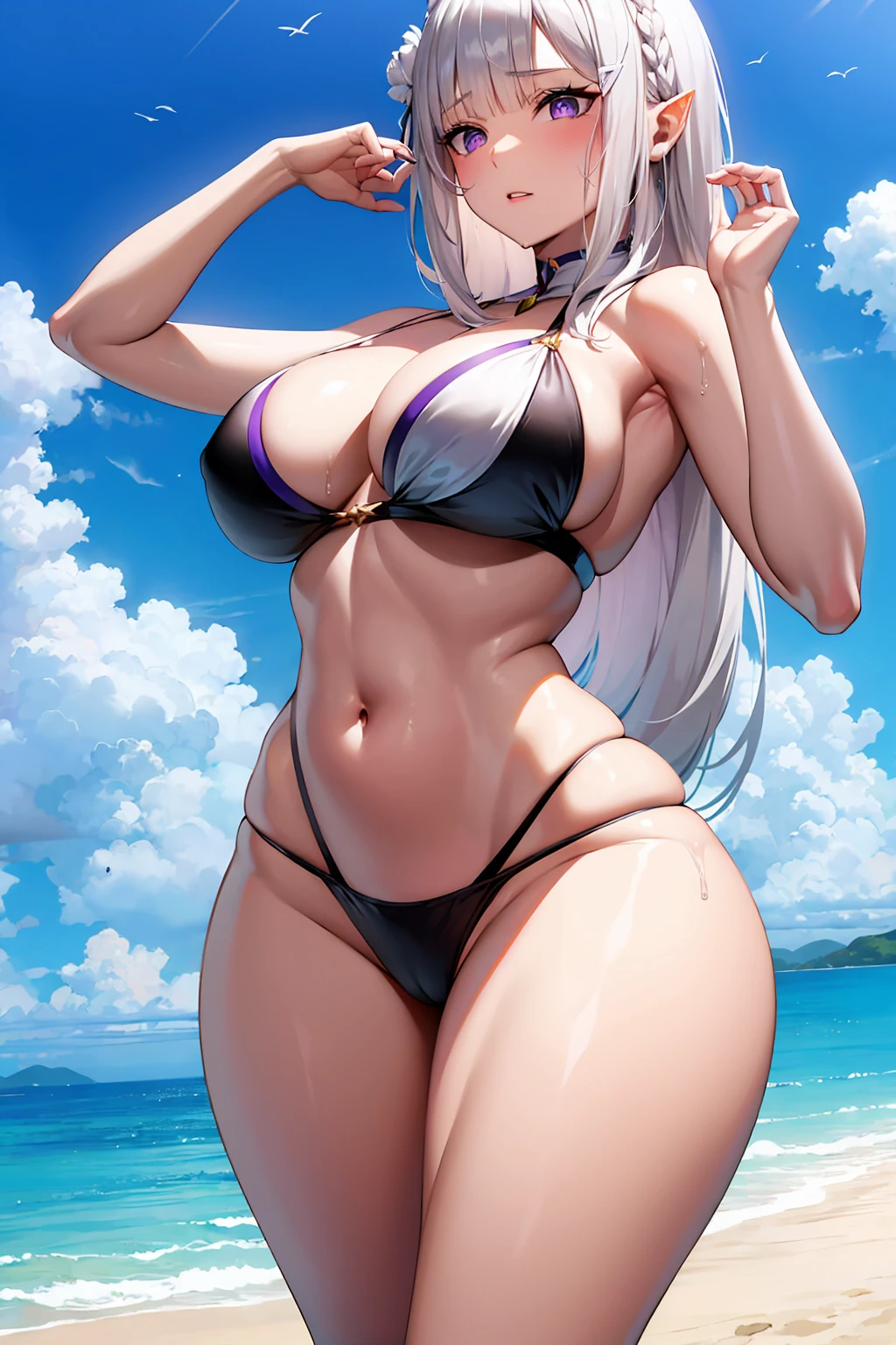 Emilia, white hair, posing, sexy, beach, big breasts, thick thighs, hot, thin bikini, wet, curvy, long hair,