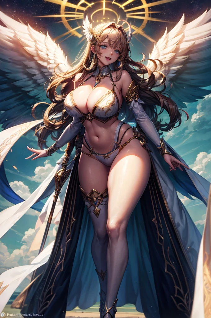 最high quality, high quality, 8K、High resolution,Highest quality、solo、胸に翼のある白いビキニ姿のtallのadult female angel、Very beautiful proportions、belly button、Thighs、tall、Adult woman in a white bikini, Archangel Style、super Wild Angel, A happy open-mouthed smile、Thighs、Naturally Shaped Fingers、Long neck、from the front、Looking at each other, our eyes met、belly button、Blonde hair and blue eyes、Majestic Angel, Anime Goddess, Wild Angel, thick, Beautiful and attractive anime woman, Huge and stunning goddess shots, Angel Adult Woman, adult female angel, She has angel wings on her back,Highly detailed goddess shot