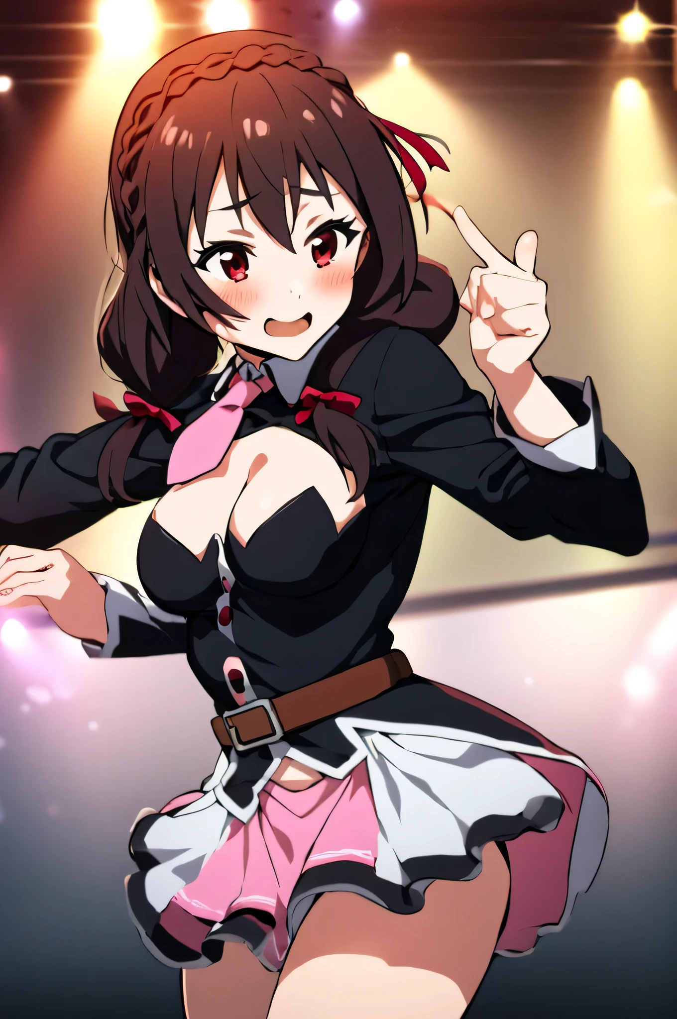 (masterpiece, Highest quality), One girl, Yunyun,Long Hair,Braiding,Twin tails,Hair between the eyes,Red hair ribbon,hair ornaments,large round breasts,、Pink Skirt、Black Hair、Crown Blade,Black Shirt, Long sleeve,Pink tie, belt, Cleavage cutout、Above the knee、(blush:1.ung face、A lively face、(Dancing on stage:1.2)、The underwear is pink、Fluttering Skirt、View the viewer、Normal hands and fingers