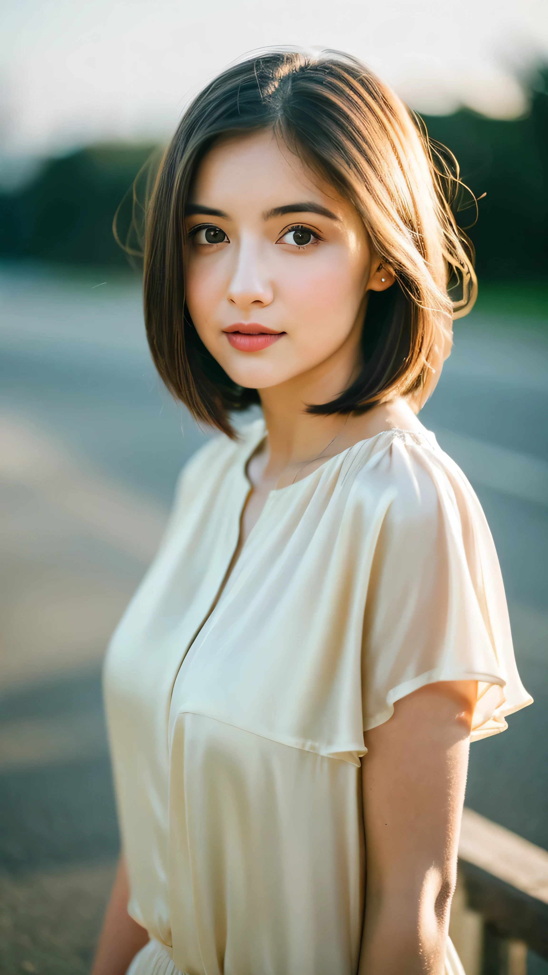 (Random Nationality):1.5, masterpiece, Highest quality, 8K, 20th Generation, (Large Breasts:1.2), cute, alone, sad, close, cute, Girlish, Delicate girl, Pure beauty,  RAW Photos, Professional photography, Portraiture, Soft Light, Professional Lighting, Backlight, Upper Body, avert your eyes, Sophisticated, Film Grain, (Eyes and facial details:1.0), Beautiful straight hair, Hair swaying in the wind, Silk blouse, Random hairstyle
