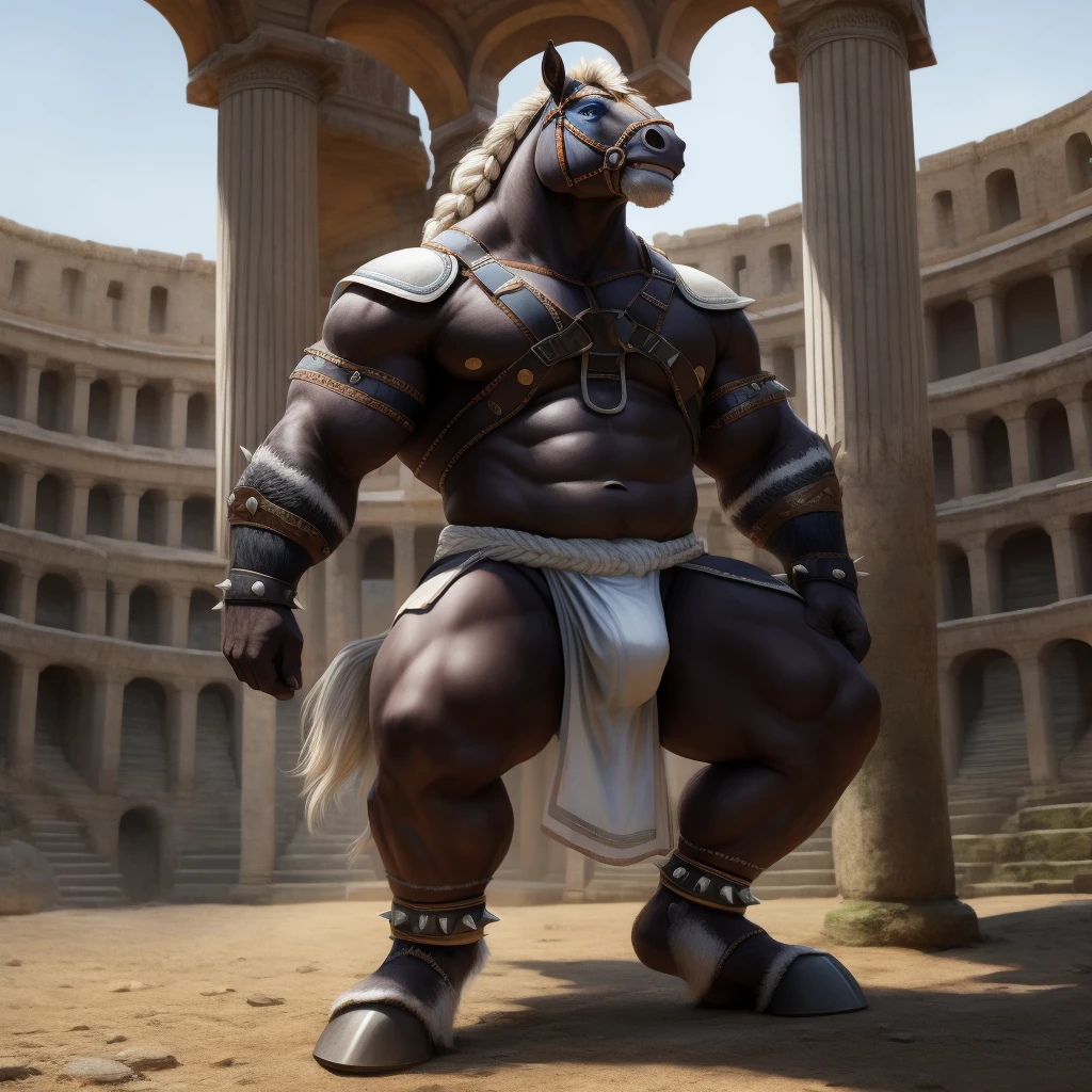 Furry, Kemono, Antropomorphic, Equine, solo, (Color White), Furry Antropometric legs, Hooves, Antro body, Bigg Ass, Male Bulge, Bigg Balls, Full body, Braided Mane, Roman gladiator armor, Gladiator, Black leather harness, Spiked Anklet, White fitted fundoshi, Roman arena, Blue Pupil Eyes, High Resolution, 4K Detailed, Good Lighting, Beautiful, Photorealistic, Realistic, White Fundoshi, tight loincloth, tale, tale horse