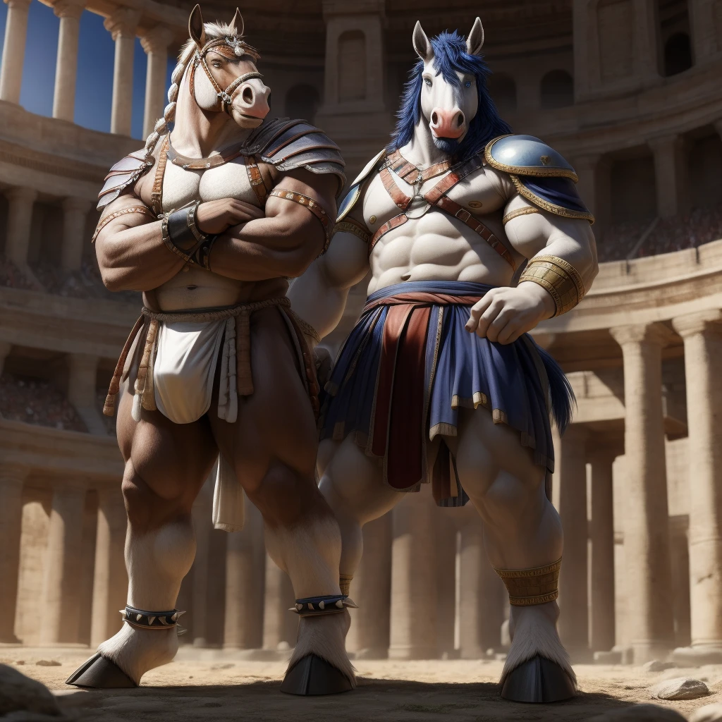 Furry, Kemono, Antropomorphic, Equine, solo, (Color White), Furry Antropometric legs, Hooves, Antro body, Bigg Ass, Male Bulge, Bigg Balls, Full body, Braided Mane, Roman gladiator armor, Gladiator, Black leather harness, Spiked Anklet, White fitted fundoshi, Roman arena, Blue Pupil Eyes, High Resolution, 4K Detailed, Good Lighting, Beautiful, Photorealistic, Realistic, White Fundoshi, tight loincloth, tale, tale horse