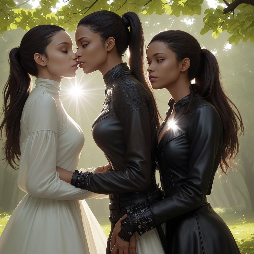 Lightskin brown woman wearing black leather pants and jacket  making out with white woman wearing a dress under a tree, sunlight through leaves, Masterpiece, (Best Quality: 1.2), (Super Fine: 1.2), Illustration, (Extremely Delicate and Beautiful: 1.2), Film Angle, Floating, (Beautiful Detail Eye: 1.1), (Detail Light: 1.1), Film Lights, Delicate Sky, (High Ponytail: 1.1), Cloak, Glowing Eyes, (Sun: 1.2), (Sunlight: 1.1), (Light Particles: 1.1), trees painting, sketching, blooming