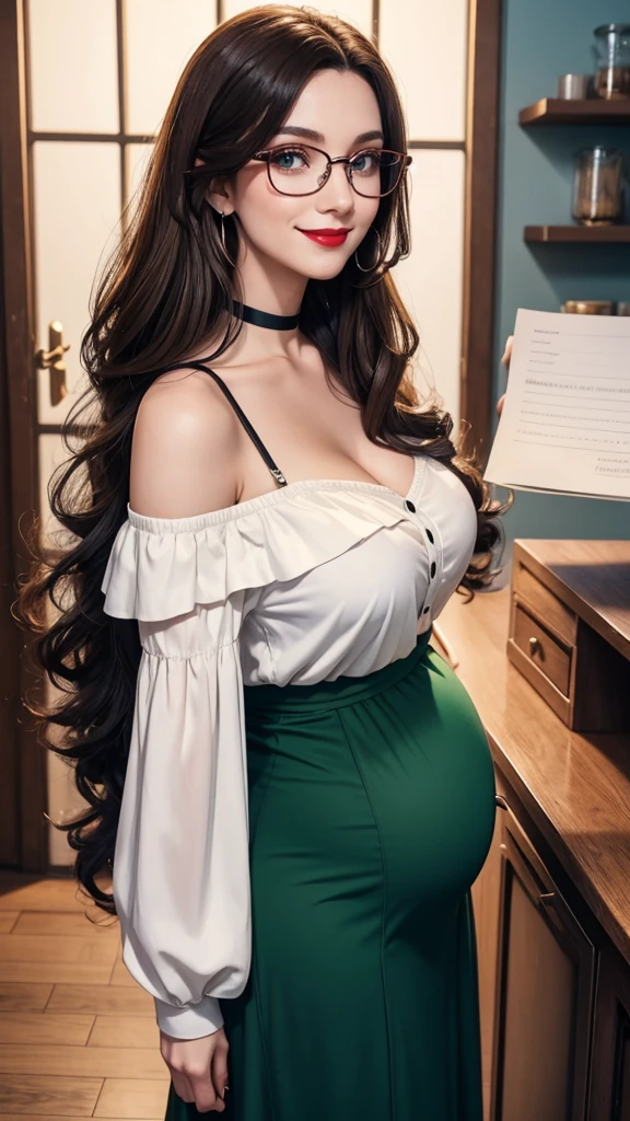 German woman, long curly black hair, brown highlights, green eyes, emisarry, glasses, paperwork, red lips, smiling, pale ivory skin, black suitIrish woman, anime, cute, beautiful, high quality, night, 8k, long waist length light pale purple hair, green eyes, red lips, eyelashes, (blue) blouse, (white) salso skirt, high neckline, off the shoulder sleeves, pregnant