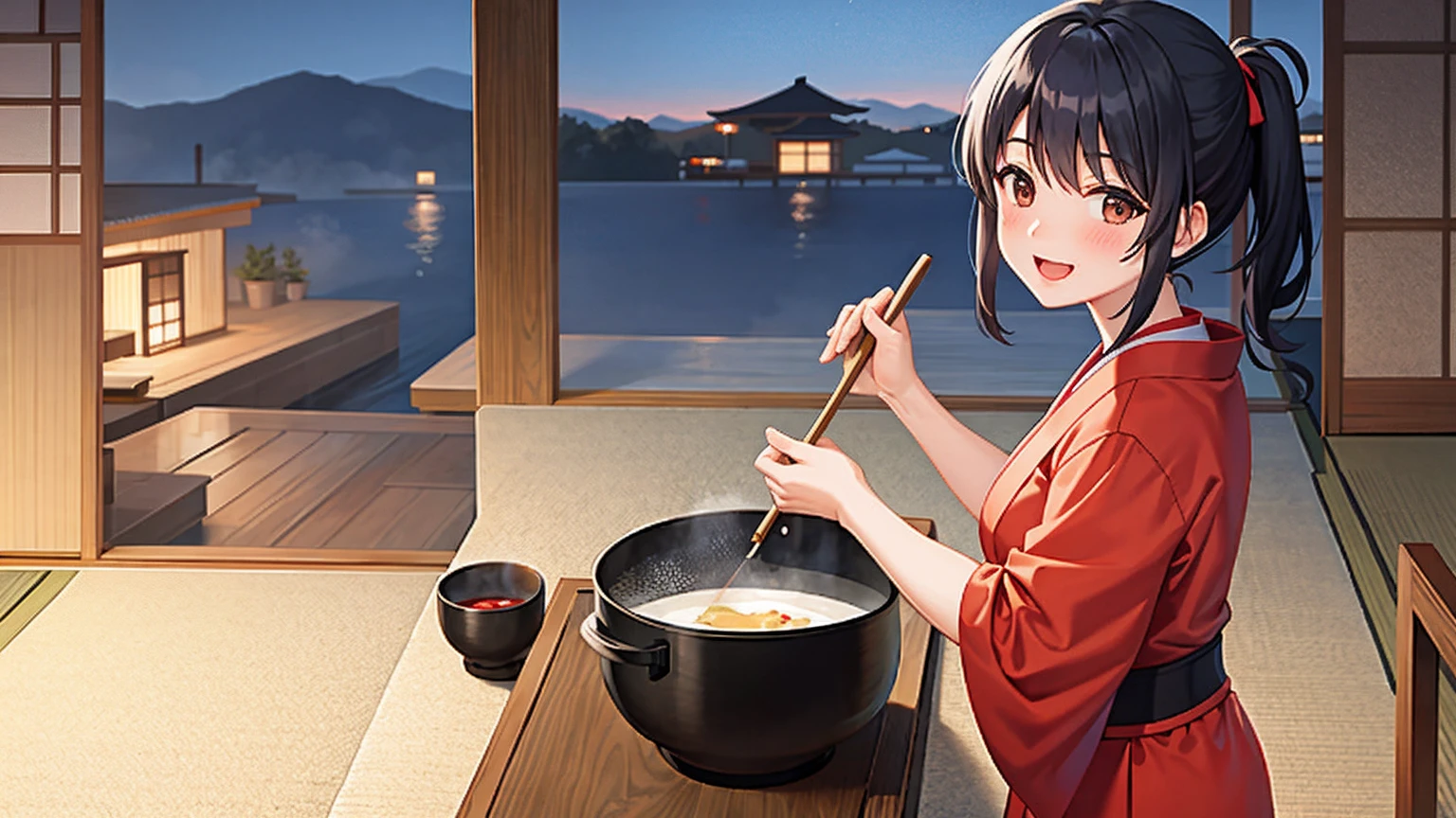 A woman making miso soup in a Japanese-style kitchen at dusk Steam is coming out She looks happy She is wearing an apron Anime-style illustration