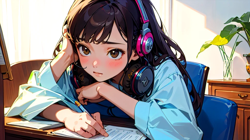 (Highest quality, masterpiece, Ultra-realistic), Beautiful and delicate15Year-old girl portrait, With a calm expression, The background scene shows him studying hard at his desk in his room at home.。Wearing headphones。