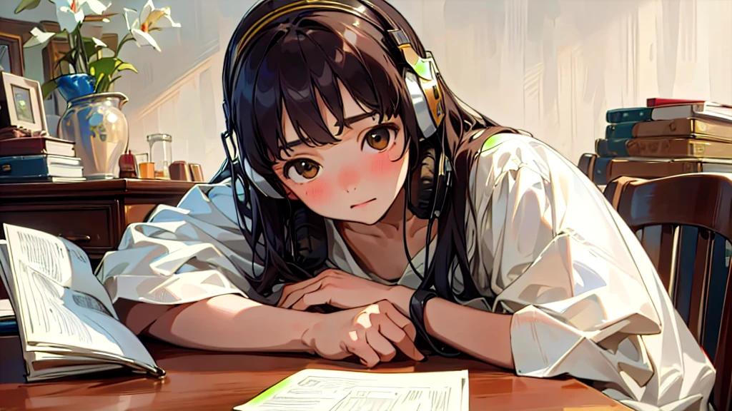 (Highest quality, masterpiece, Ultra-realistic), Beautiful and delicate15Year-old girl portrait, With a calm expression, The background scene shows him studying hard at his desk in his room at home.。Wearing headphones。