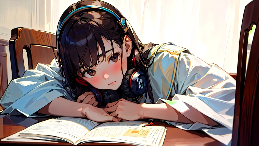(Highest quality, masterpiece, Ultra-realistic), Beautiful and delicate15Year-old girl portrait, With a calm expression, The background scene shows him studying hard at his desk in his room at home.。Wearing headphones。