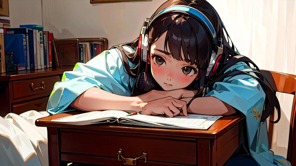 (Highest quality, masterpiece, Ultra-realistic), Beautiful and delicate15Year-old girl portrait, With a calm expression, The background scene shows him studying hard at his desk in his room at home.。Wearing headphones。