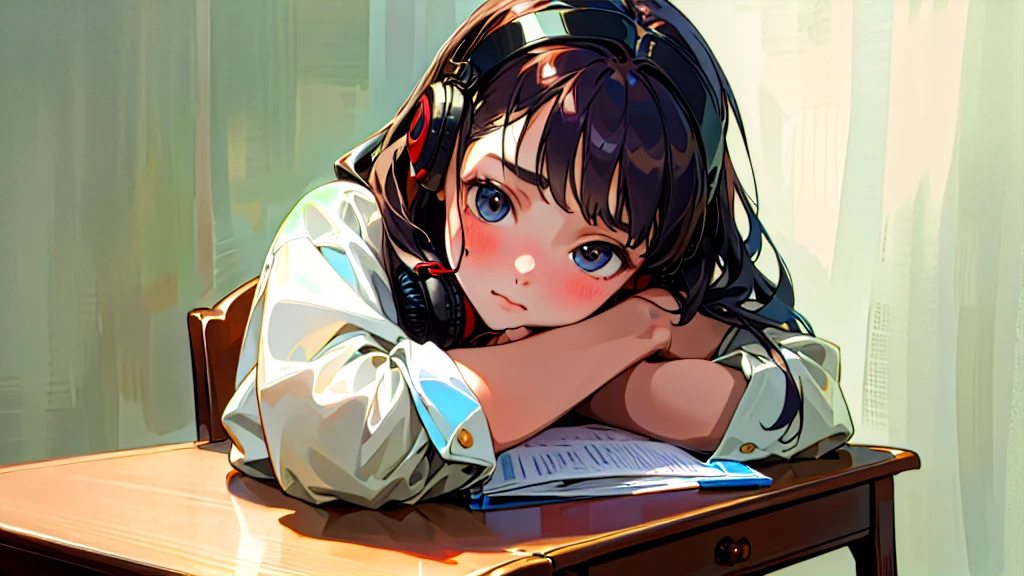 (Highest quality, masterpiece, Ultra-realistic), Beautiful and delicate15Year-old girl portrait, With a calm expression, The background scene shows him studying hard at his desk in his room at home.。Wearing headphones。