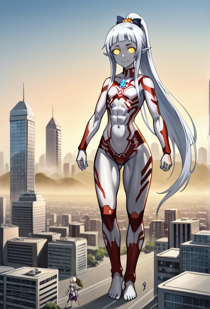 1girl, solo, anime style, 4k quality, masterpiece, best quality, sword art online, ****ta, , yui, long hair, blunt bangs, white hair, very long hair, high ponytail, pointy ears, elf, barefoot, ultrawoman, robot, colored skin, glowing eyes, yellow eyes, flat chest, giantess, giant, metallic face, metallic skin, shiny skin, chrome skin, gem on chest, colour timer on chest, chest jewel, blue jewel, muscular, abs, Female Bodybuilding Style, ultra beam, thick_thighs, looking at viewer, full body, smile, closed mouth, standing, giantess, outdoor, city, citycape, skyscraper