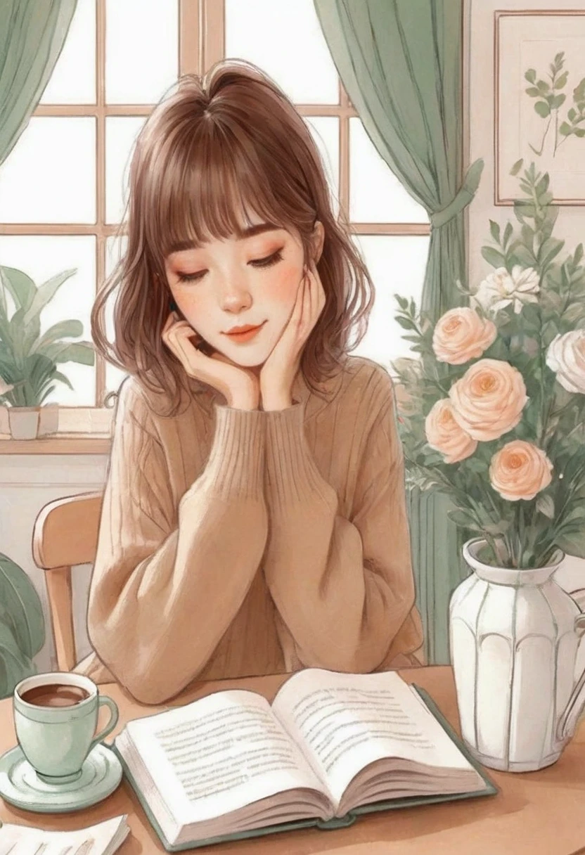 anime girl reading a book and drinking coffee at a table, happy cozy feelings, relaxing mood, cute illustration, realistic cute girl painting, beautiful illustration, beautiful drawing style, dreamy illustration, cozy place, relaxed expression, thoughtful ), cozy wallpaper, by Kim Jeong-hui, cozy aesthetic, infp girl, drawing style, exciting illustration, lofi girl