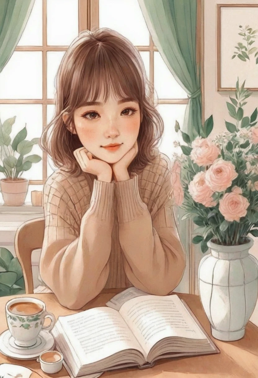 anime girl reading a book and drinking coffee at a table, happy cozy feelings, relaxing mood, cute illustration, realistic cute girl painting, beautiful illustration, beautiful drawing style, dreamy illustration, cozy place, relaxed expression, thoughtful ), cozy wallpaper, by Kim Jeong-hui, cozy aesthetic, infp girl, drawing style, exciting illustration, lofi girl