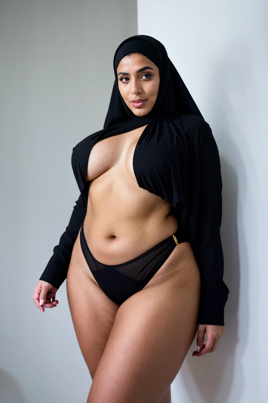 RAW photo,candid photograph, full body,photo of a beautiful,influencer,30yo Arab woman,black hijab, detailed skin, naked, looking at viewer, thick body structure,white background,no background, candid pose,blue light, film grain, kodak color, instagram LUT