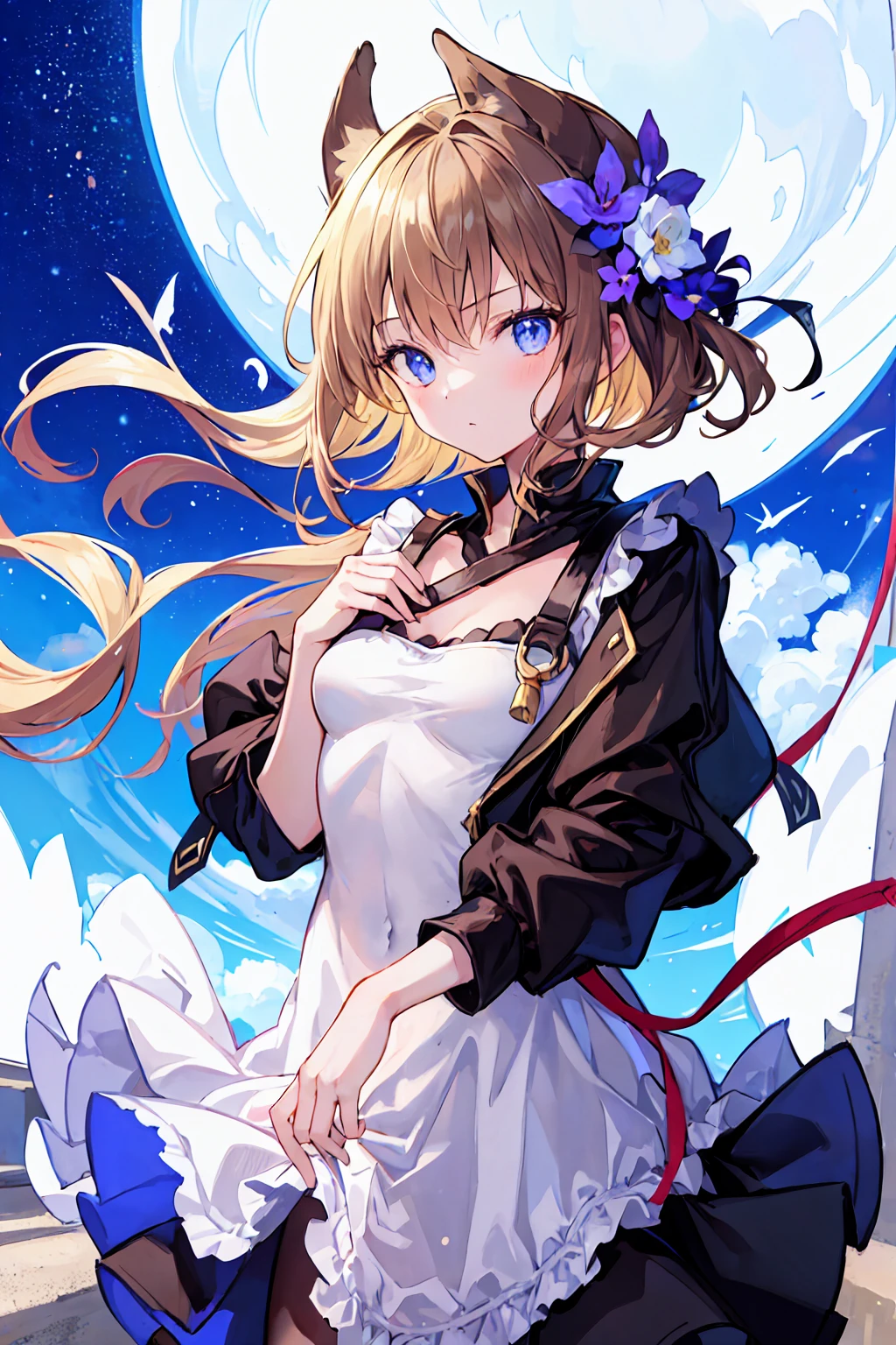 (Highest quality, masterpiece), One girl, Pause, particle, Wind, flower, Upper Body, Simple Background, Looking at the audience, blonde, milky way, beautiful，Dark brown hair，Small breasts