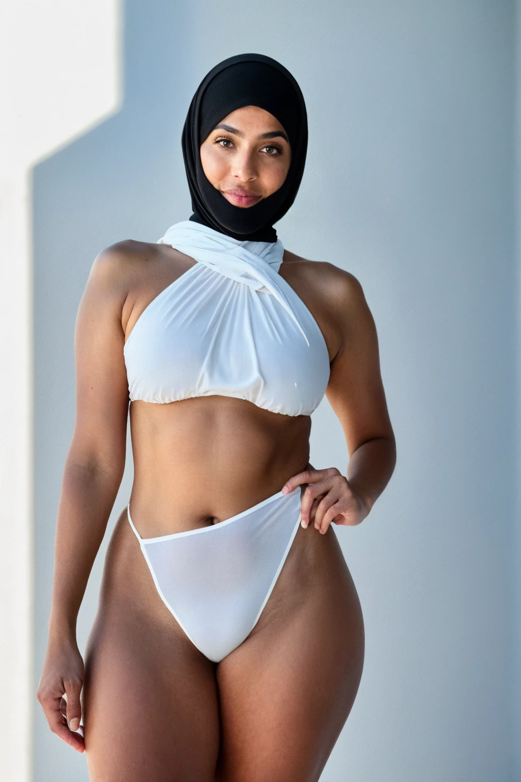 RAW photo,candid photograph, full body,photo of a beautiful,influencer,30yo Moroccan woman,black hijab, detailed skin, naked, looking at viewer, thick body structure,white background,no background, candid pose,blue light, film grain, kodak color, instagram LUT