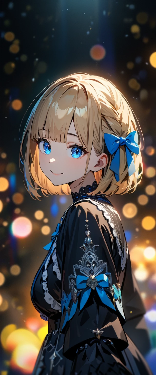(((One girl))), Shibuya, blond hair, bob cut, (looking at viewer), upper body, breasts, teenager, head tilt:1.3, (((blue eye))), constricted pupils, (from side:1.3), ((happy smile)), (((gothic lolita:1.3))), hair ornament, hair ribbon, anime style, (best quality, 4k, 8k, highres, masterpiece:1.2, ultra-detailed, ultra-detailed eyes, HDR, UHD, studio lighting, ultra-fine painting, sharp focus, physically-based rendering, extreme detail description, professional, vivid colors, bokeh)