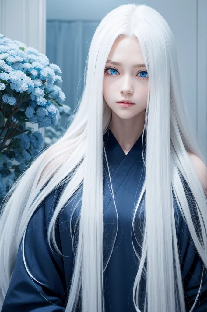 アニメ, long white hair and blue eyes