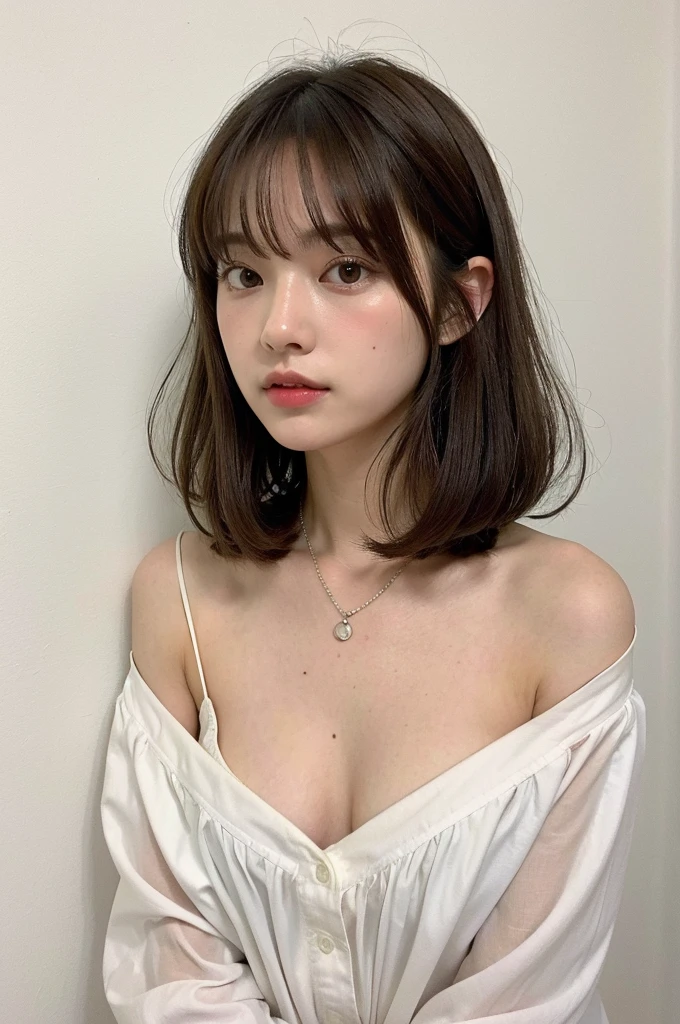 Close-up of a brown-haired woman in a white shirt, Layered Cut、Above the chest - long hair, Medium length hair, Curtain bang, Medium Hair, with short hair, Princess Cut, Shoulder-length hair, 白Princess Cutの髪型, Korean symmetrical face, short～Medium Hair, Shoulder - Length, Neat hairstyle with bangs、White wall、In front of the white door、((窓のあるWhite wallの部屋))、Mr..々Pause、Simple Necklace、Don&#39;Don&#39;Don&#39;t look at the camera